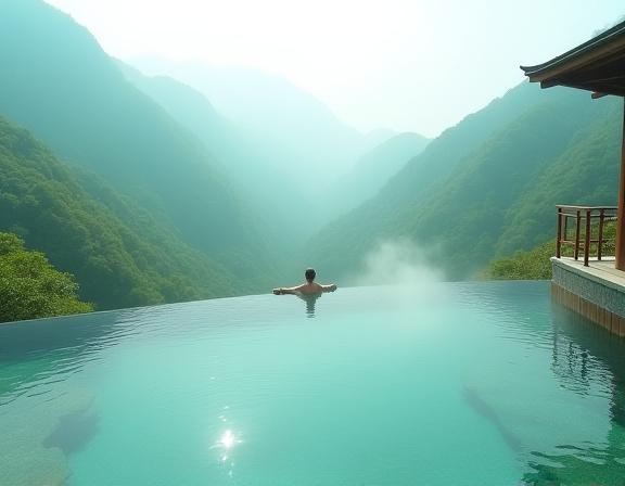 The infinity-edge onsen at Hakone Ginyu overlooking a lush valley.