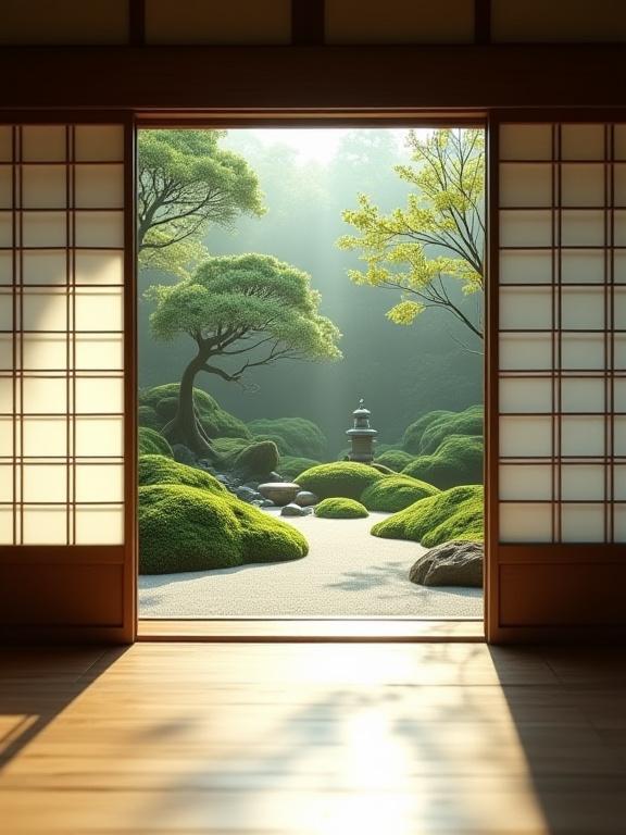 A serene view from inside a traditional Japanese room, looking through a shoji screen to the moss garden.