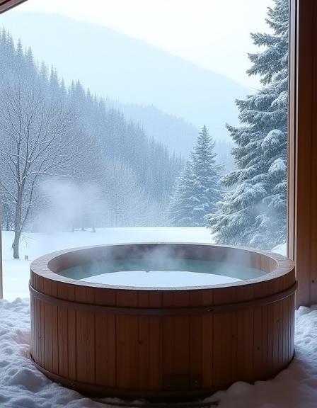A private wooden onsen tub overlooking a snowy forest.